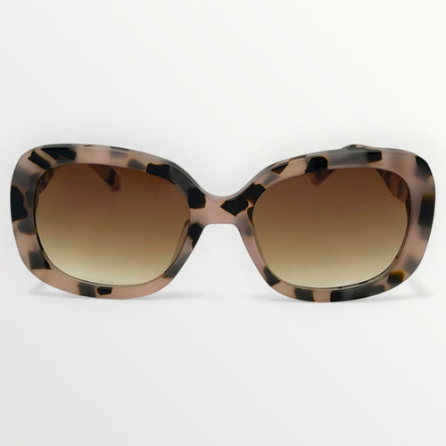 Sunglasses with tortoiseshell frame and brown gradient lenses on a white background