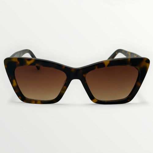 Sunglasses with tortoiseshell frame and brown lenses on a white background