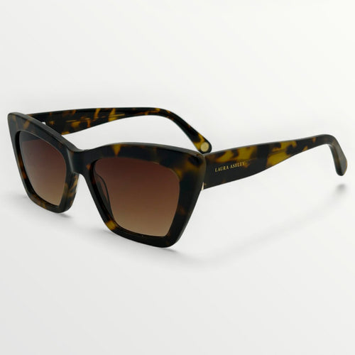 Sunglasses with tortoiseshell frame and brown gradient lenses on a white background