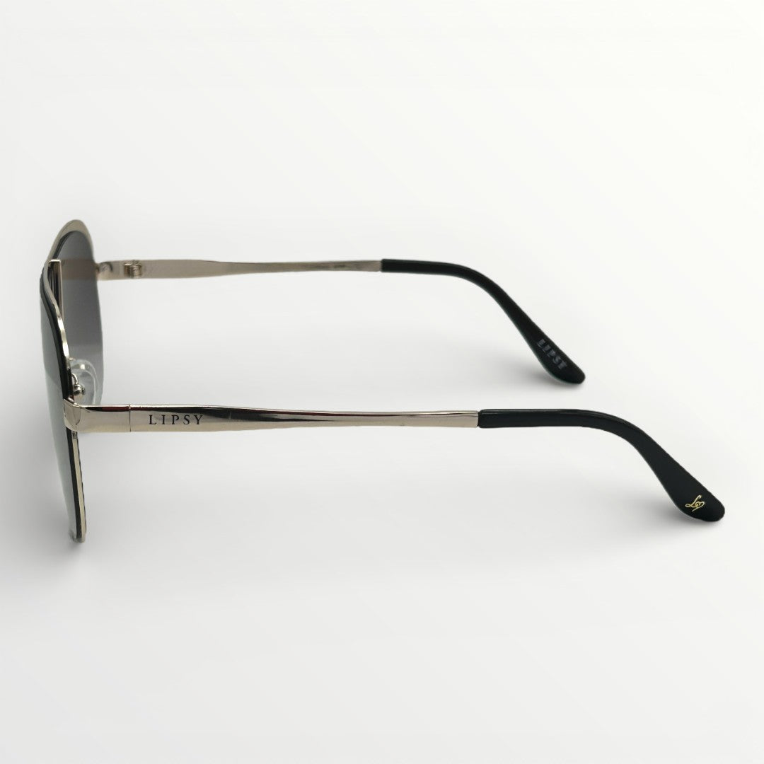 Sunglasses with black and silver frame on a white background