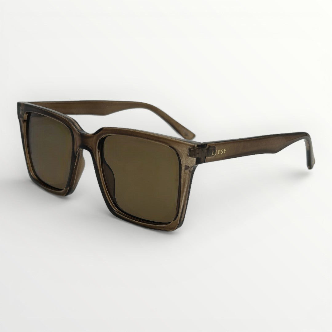 Brown sunglasses with a brand logo on a white background