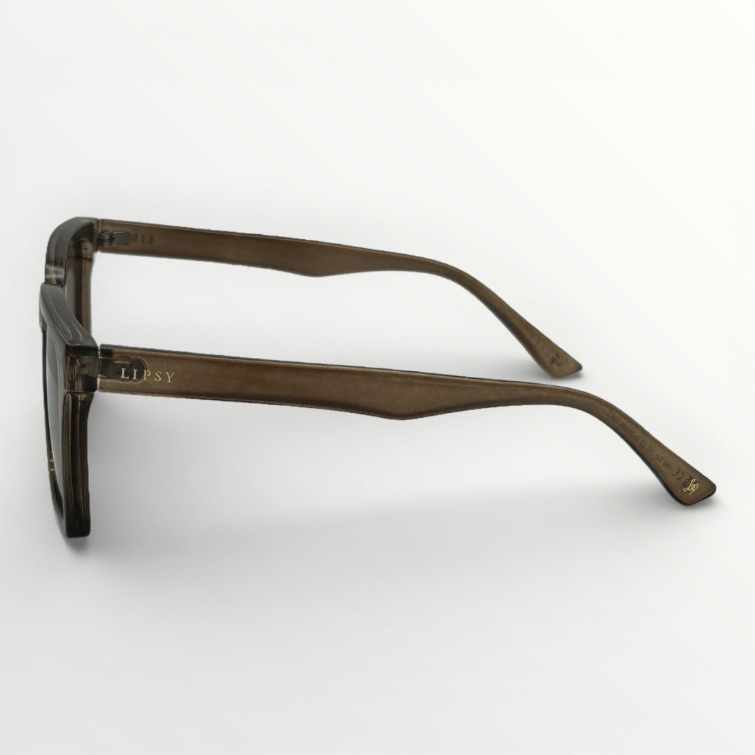 Brown sunglasses with 'Lipsy' branding on a white background