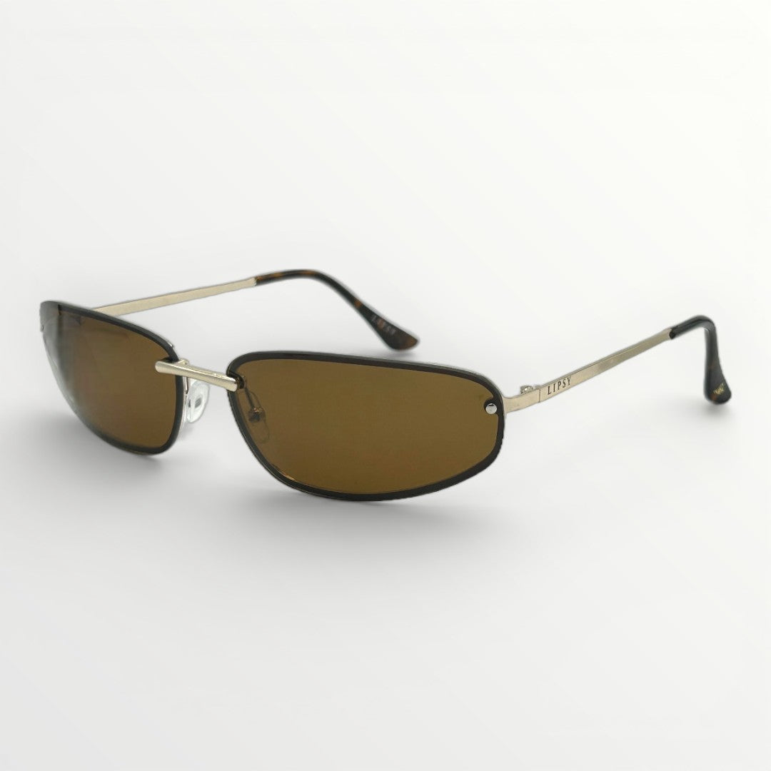 Sunglasses with brown lenses and gold frames on a white background