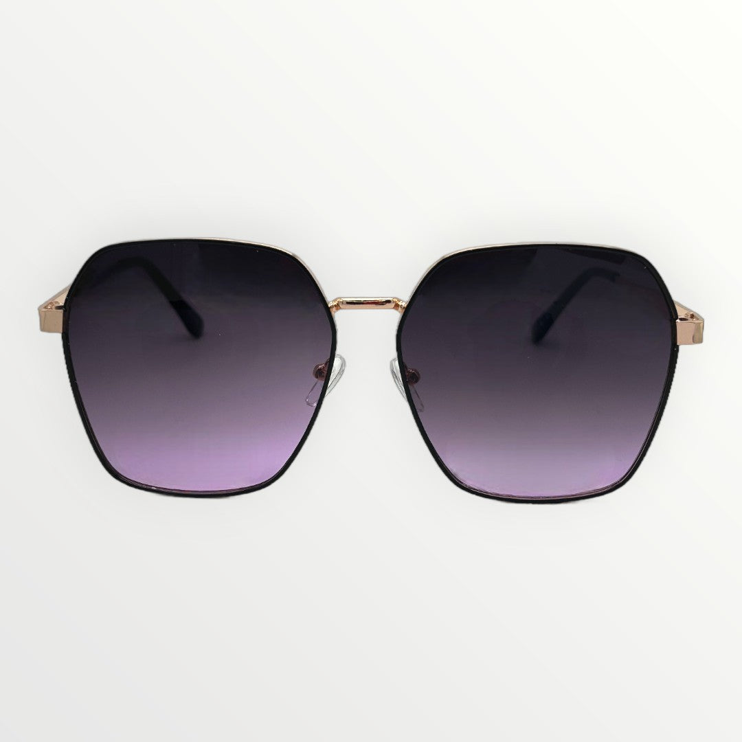 Sunglasses with gradient purple lenses on a white background