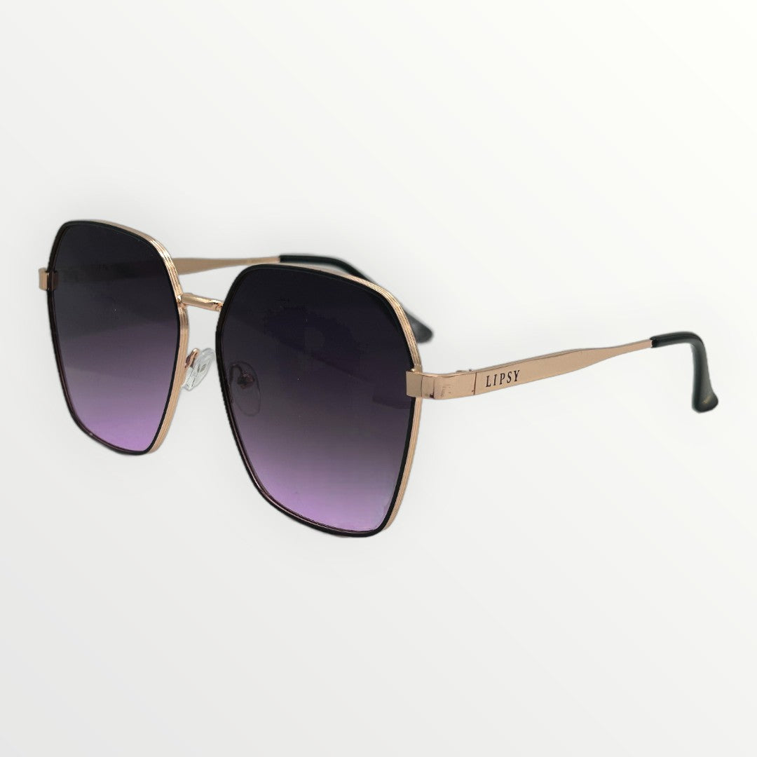 Sunglasses with gradient purple lenses and gold frame on a white background