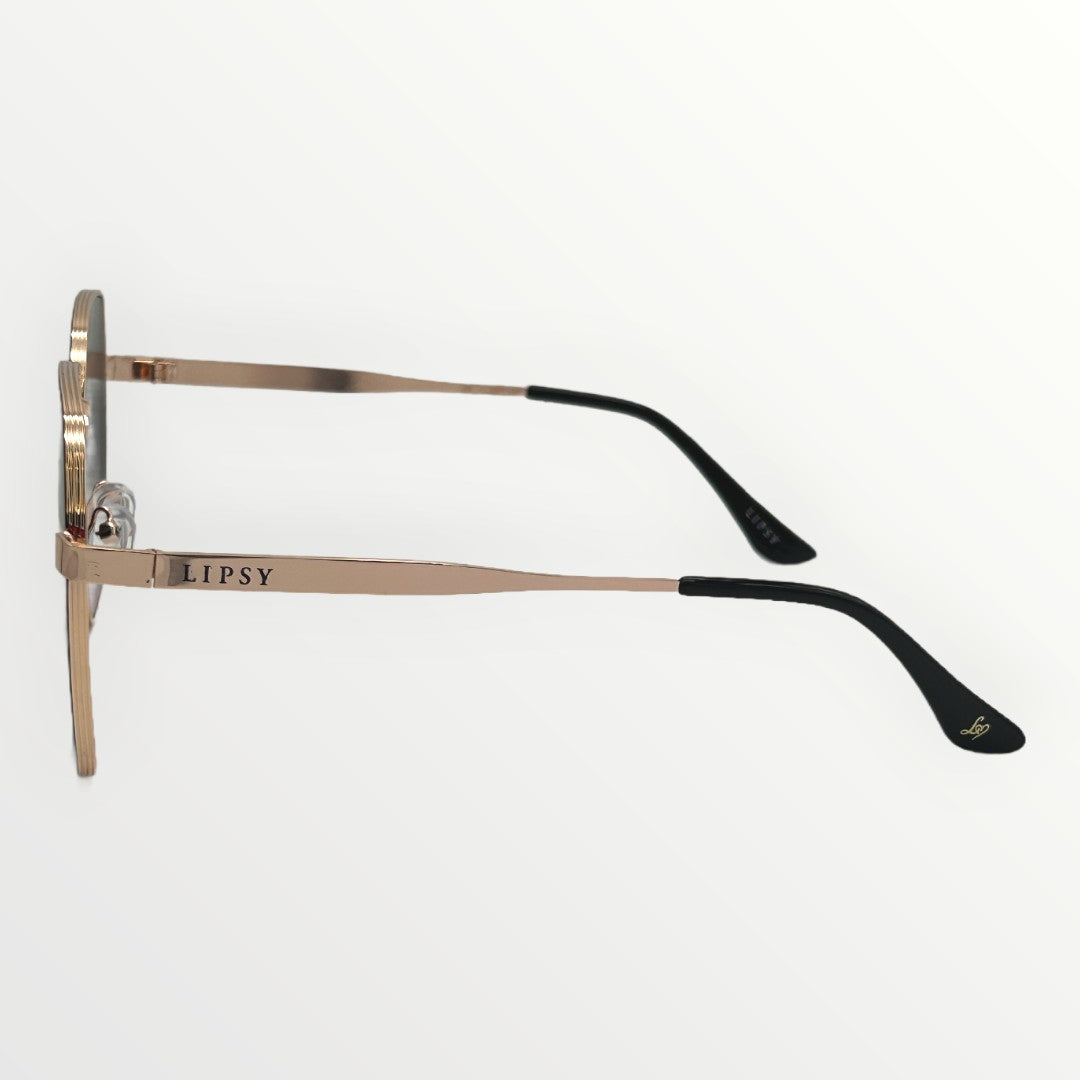 Eyeglasses with 'LIPSY' branding on a light gray background