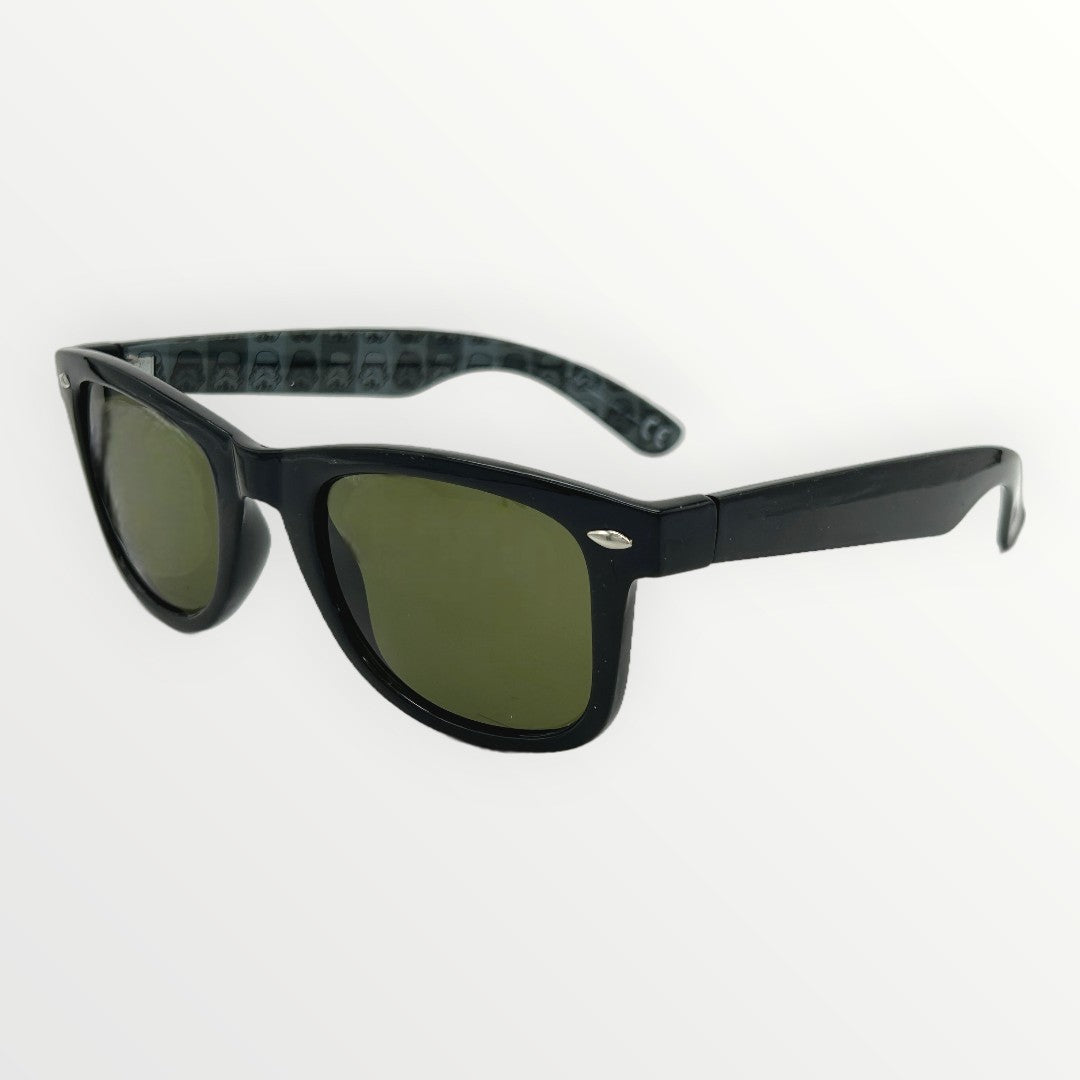 Black sunglasses with green lenses on a white background
