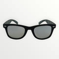Black sunglasses with reflective lenses on a white background