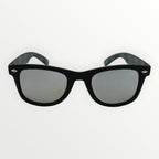 Black sunglasses with reflective lenses on a white background