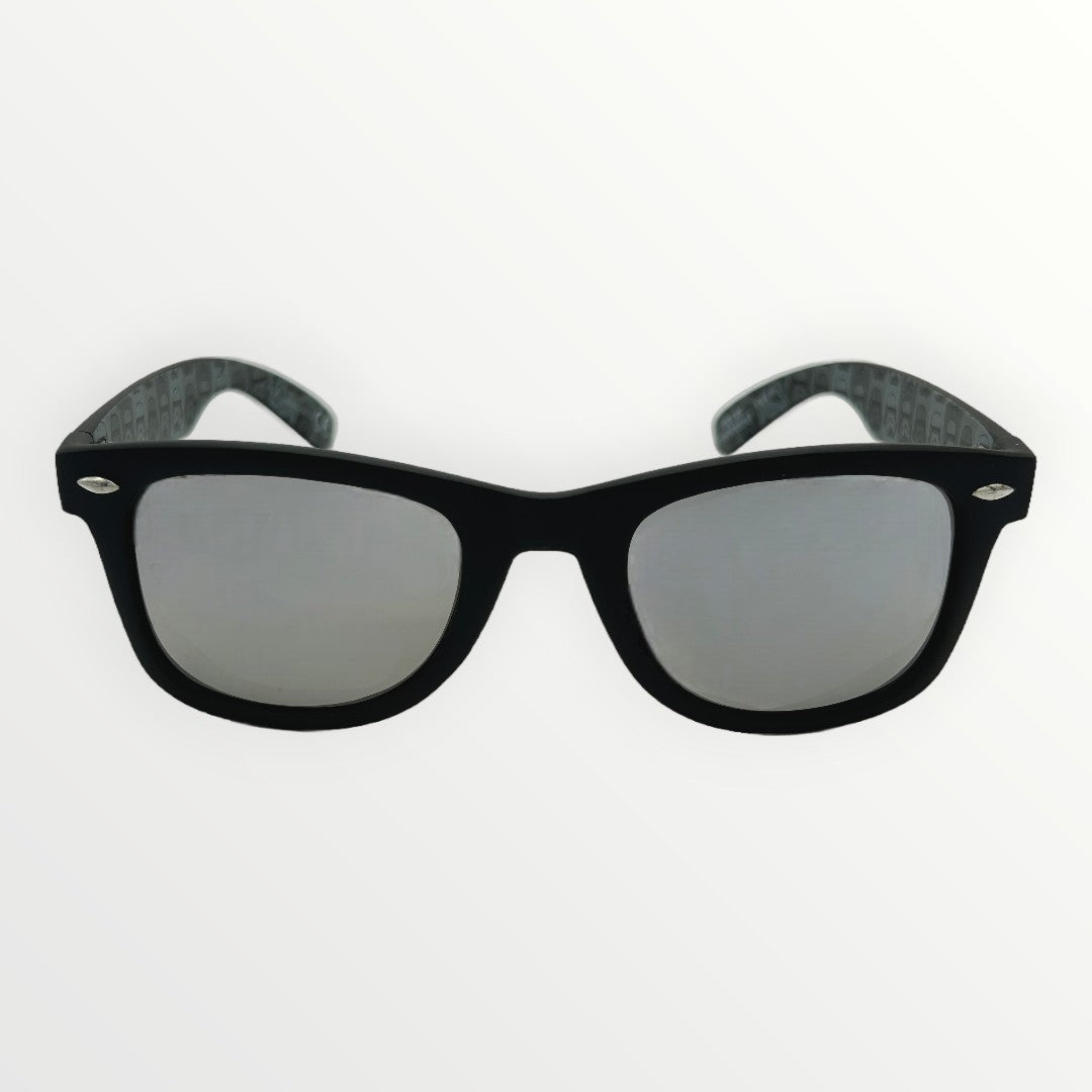 Black sunglasses with reflective lenses on a white background