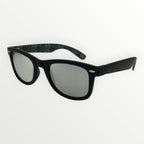 Black sunglasses with reflective lenses on a white background