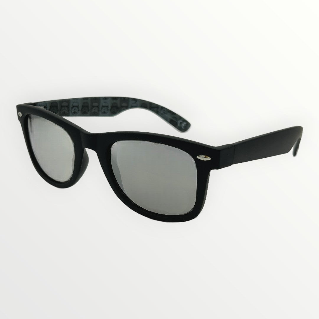 Black sunglasses with reflective lenses on a white background