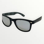 Black sunglasses with reflective lenses on a white background