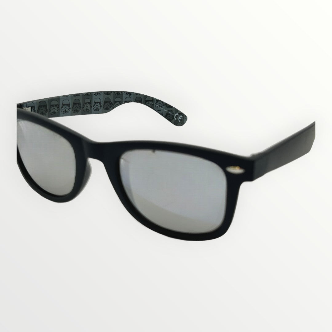 Black sunglasses with reflective lenses on a white background
