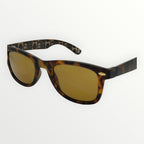 Sunglasses with tortoiseshell frame and gold lenses on a white background