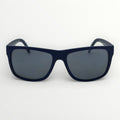 Navy blue sunglasses with dark lenses on a white background