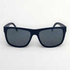 Navy blue sunglasses with dark lenses on a white background