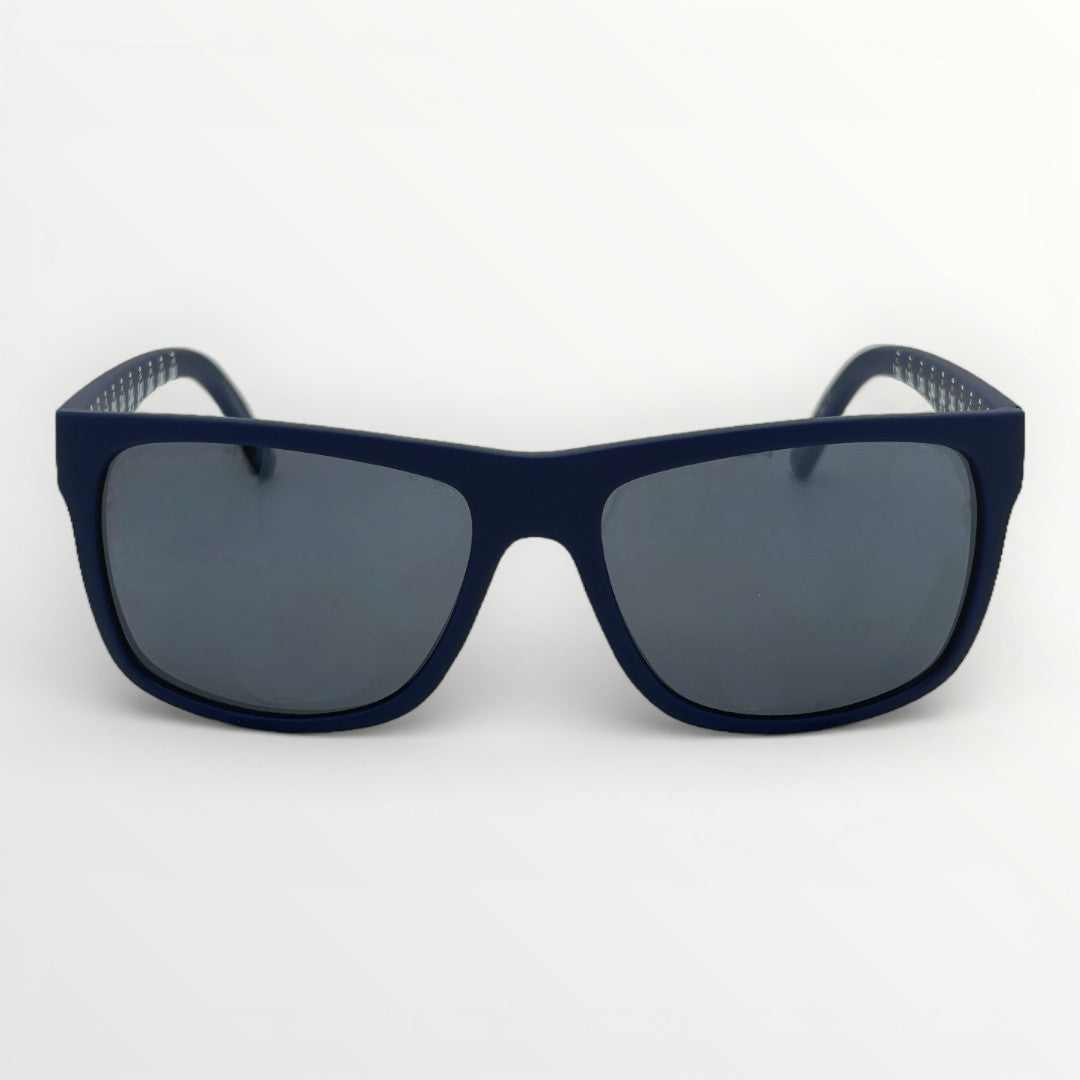 Navy blue sunglasses with dark lenses on a white background