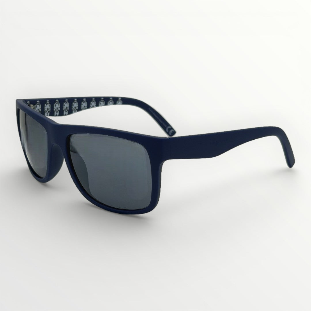 Navy blue sunglasses with dark lenses on a white background
