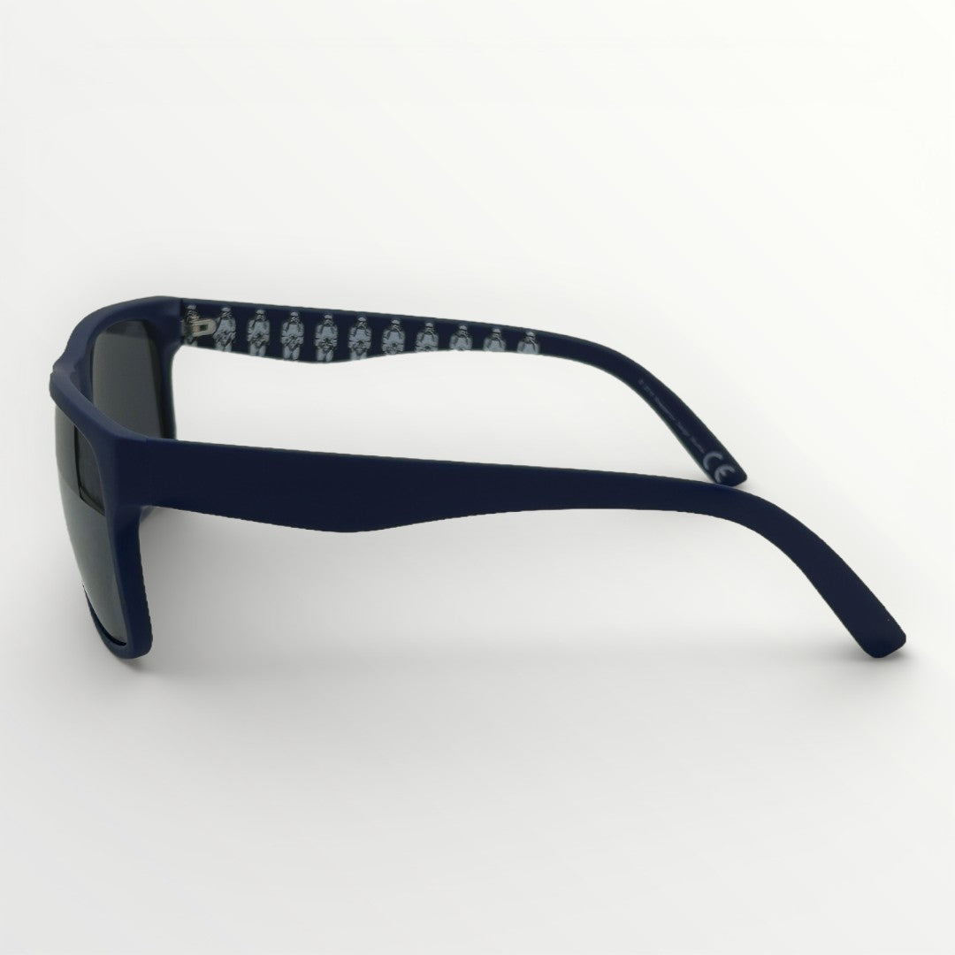 Navy blue sunglasses with a white background