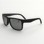 Black sunglasses with reflective lenses on a white background