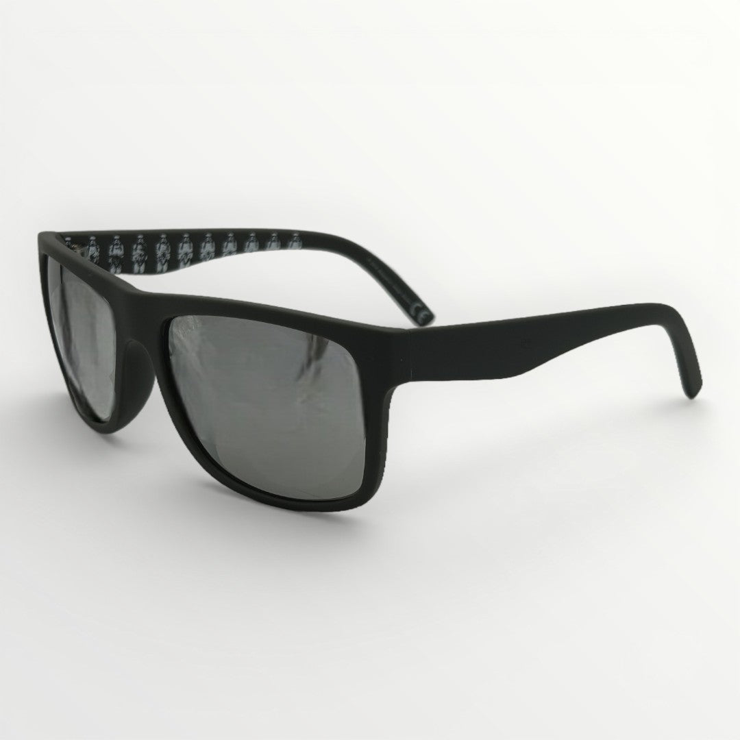 Black sunglasses with reflective lenses on a white background