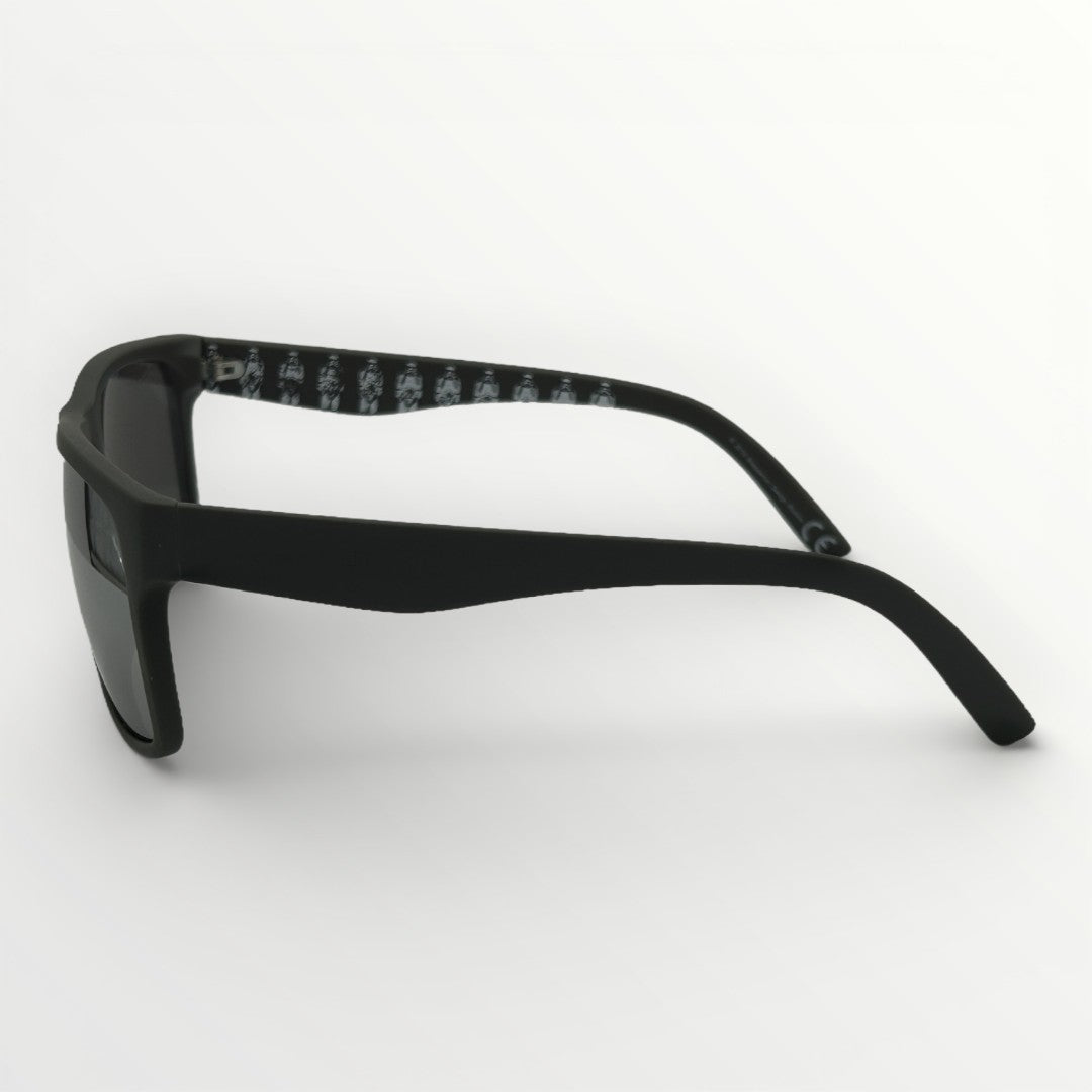 Black sunglasses with a reflective surface on a white background