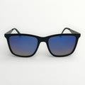 Black sunglasses with blue gradient lenses on a white background