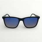 Black sunglasses with blue gradient lenses on a white background