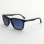Black sunglasses with blue gradient lenses on a white background