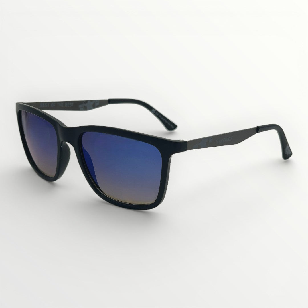 Black sunglasses with blue gradient lenses on a white background