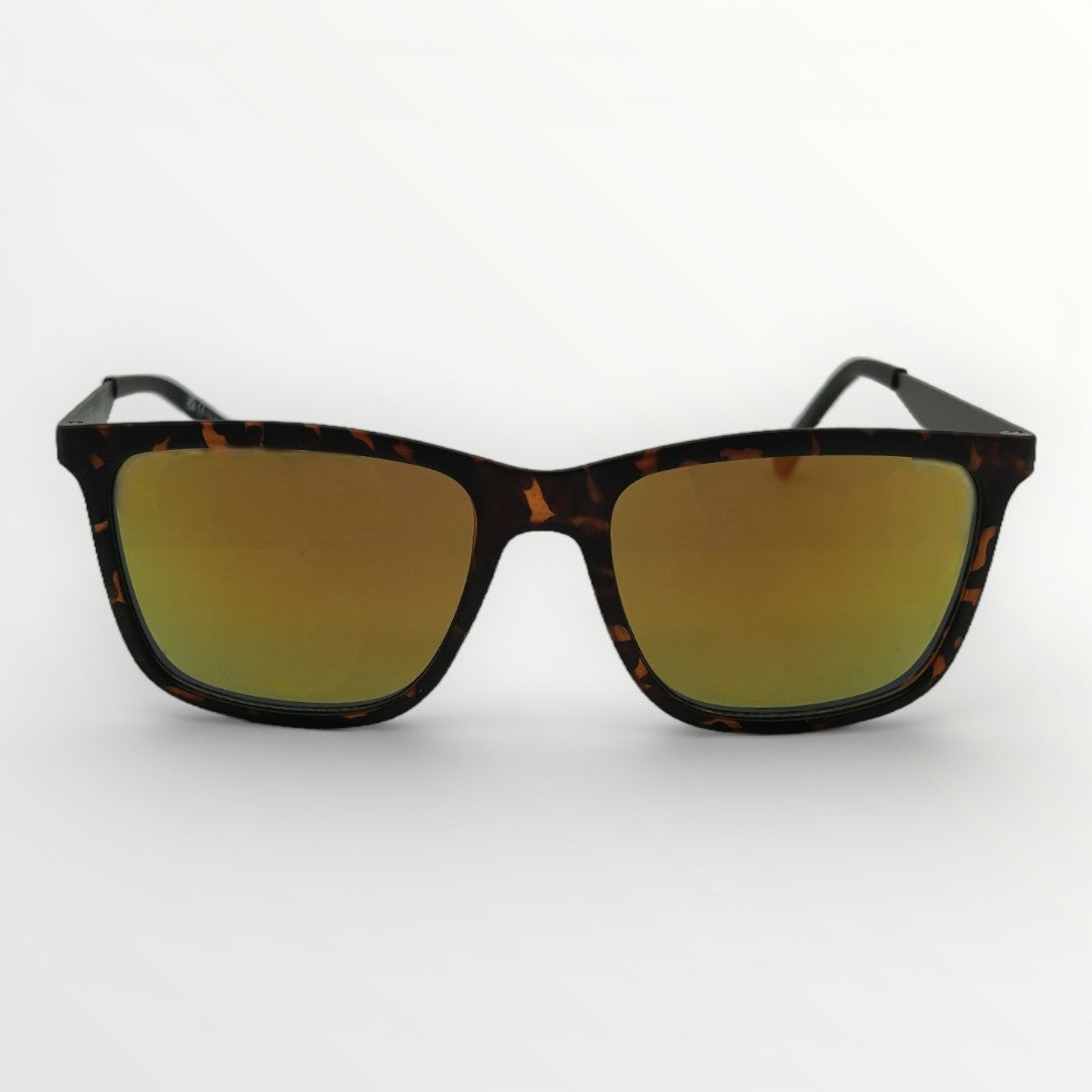 Sunglasses with tortoiseshell frame and gold lenses on a white background