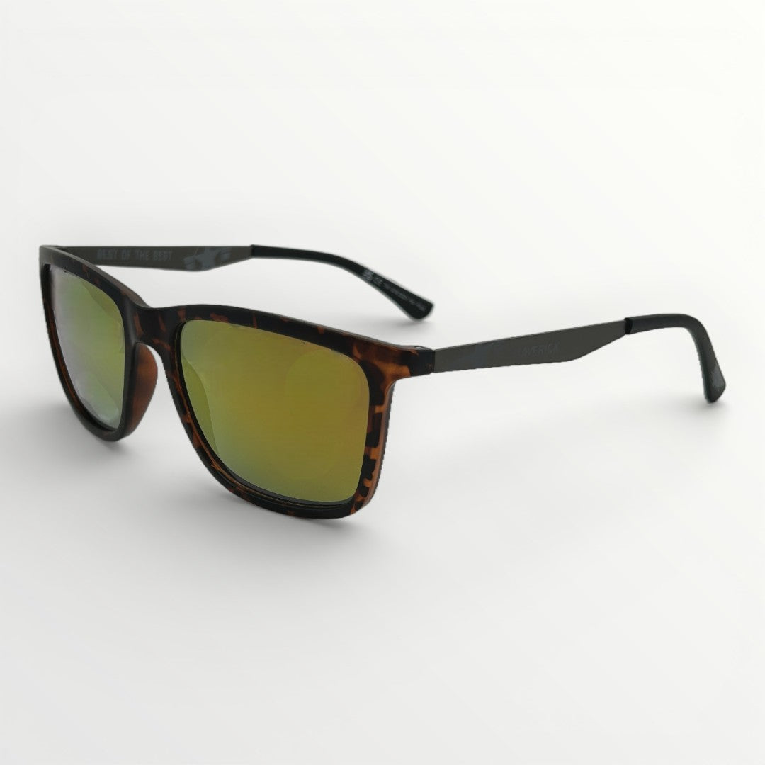Sunglasses with tortoiseshell frame and green lenses on a white background