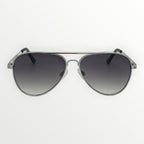 Aviator sunglasses with dark gradient lenses on a white background