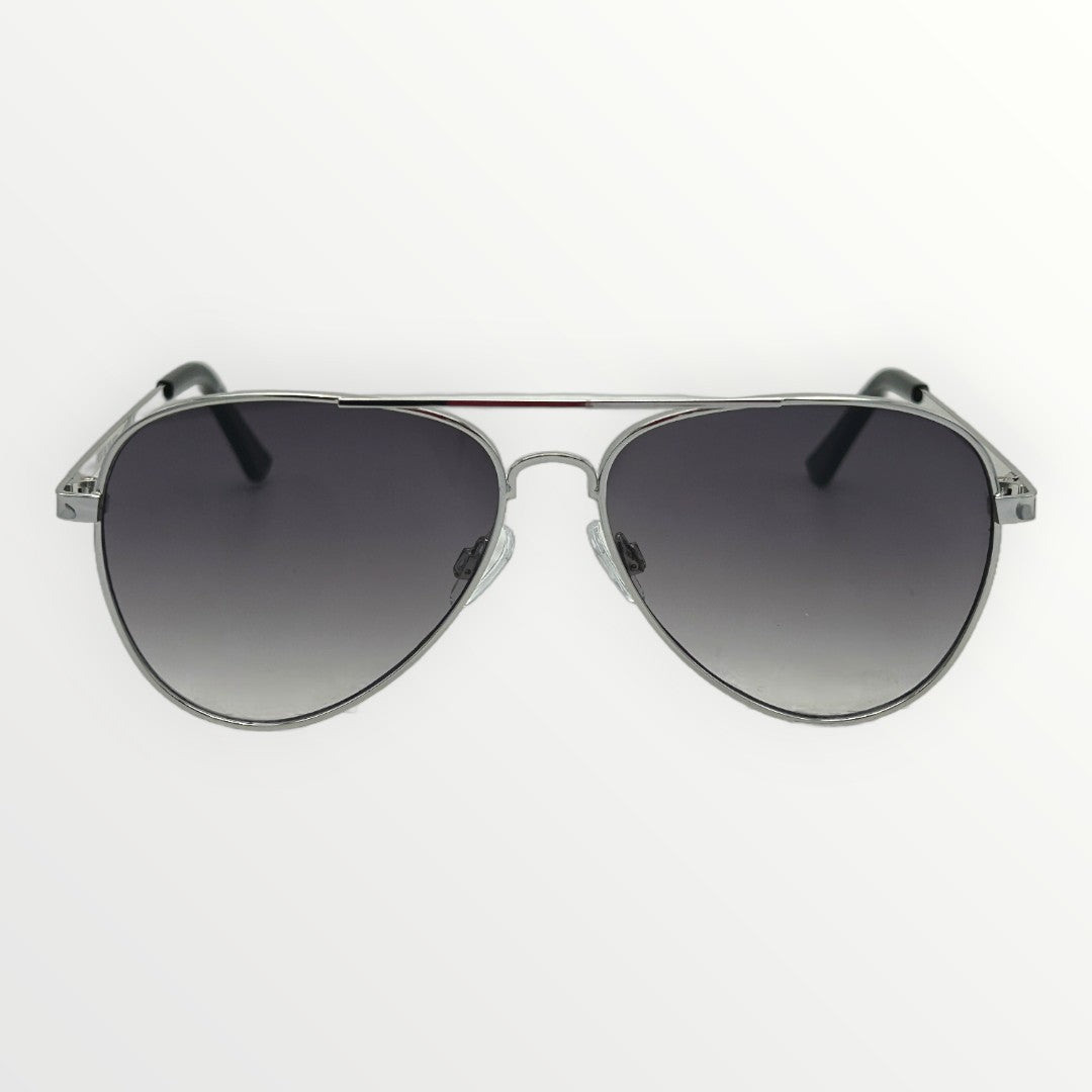 Aviator sunglasses with dark gradient lenses on a white background