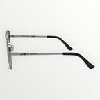 Silver and black eyeglasses on a white background