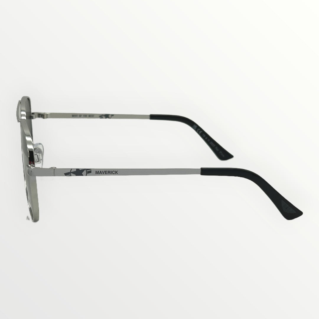 Silver and black eyeglasses on a white background