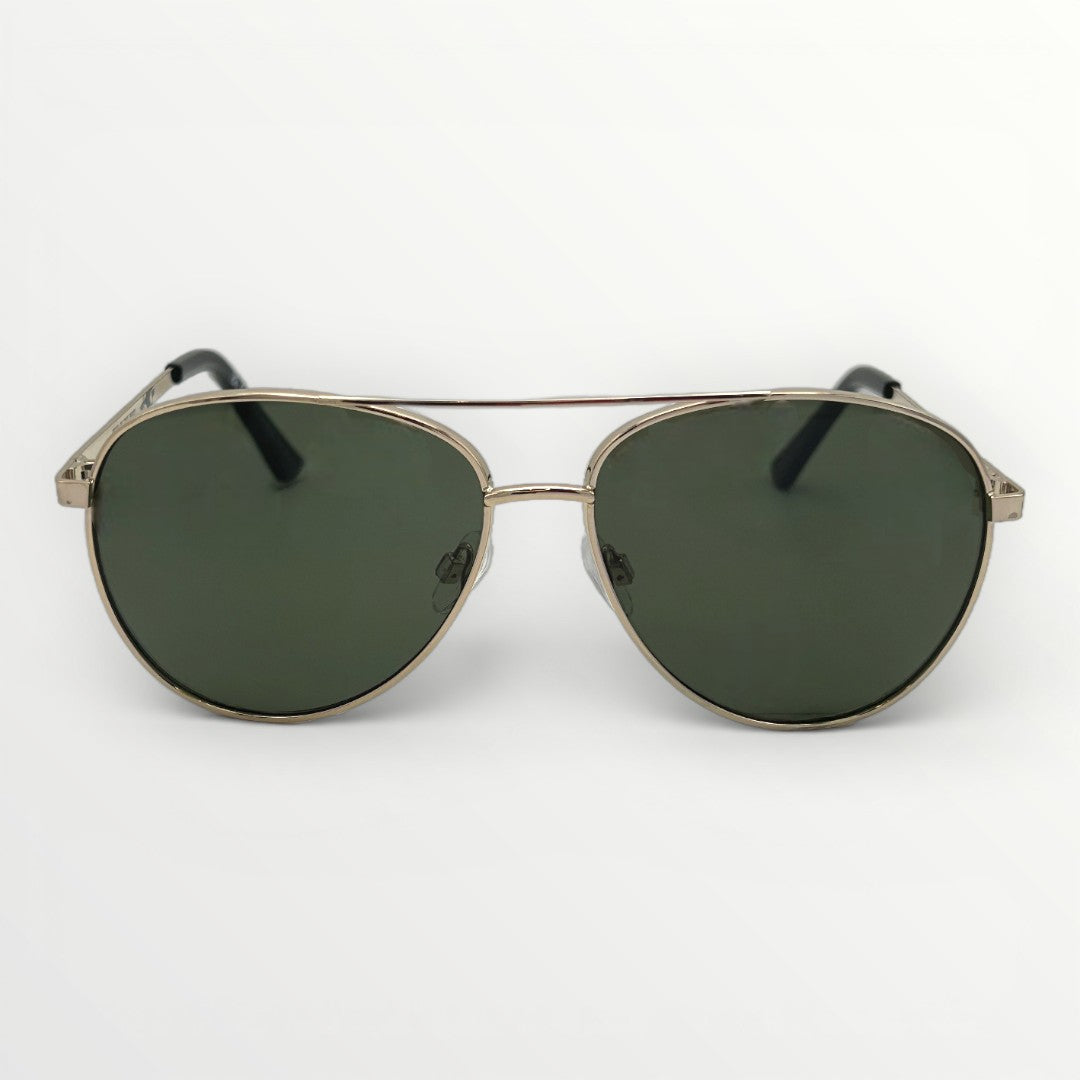 Aviator sunglasses with green lenses on a white background