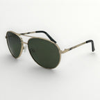Aviator sunglasses with gold frame and dark lenses on a white background