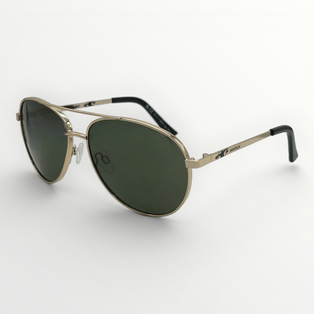 Aviator sunglasses with gold frame and dark lenses on a white background