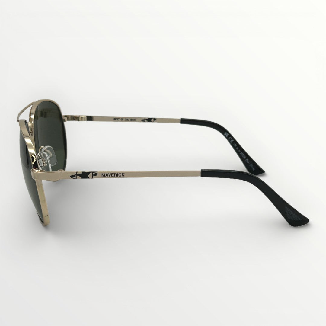 Sunglasses with gold frame and black accents on a white background