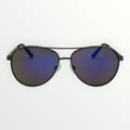 Sunglasses with black frame and blue-tinted lenses on a white background