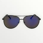 Sunglasses with black frame and blue-tinted lenses on a white background