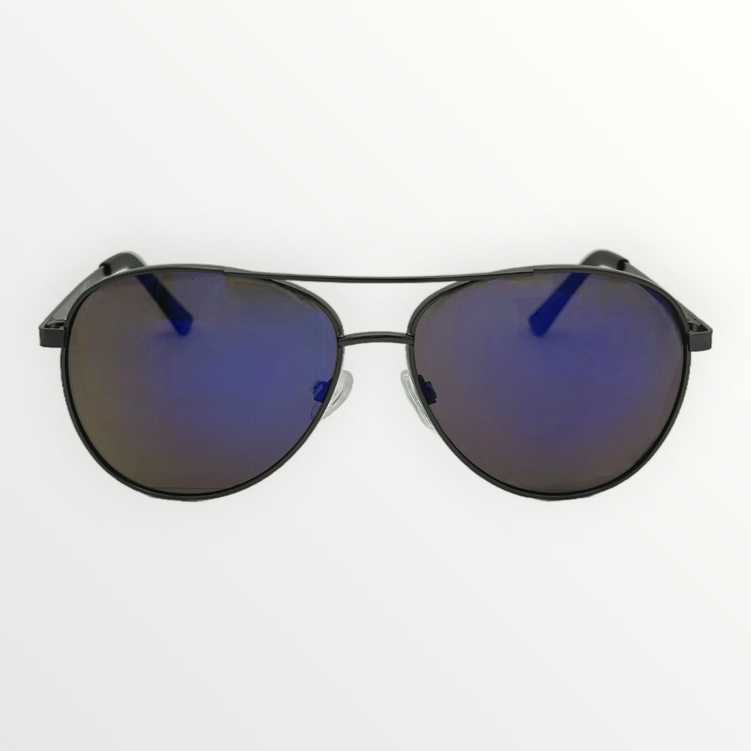Sunglasses with black frame and blue-tinted lenses on a white background