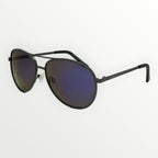 Sunglasses with black frame and reflective lenses on a white background