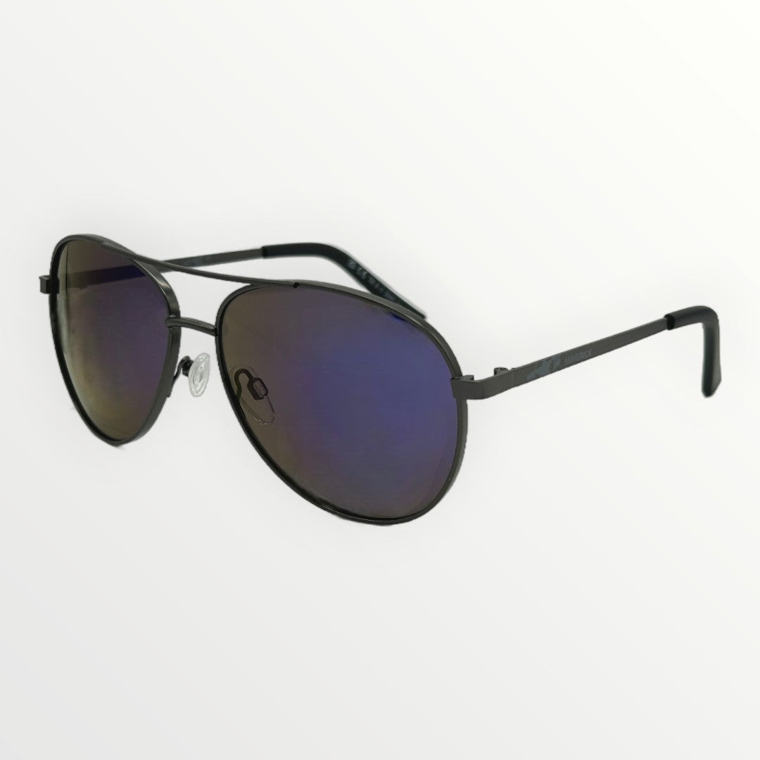 Sunglasses with black frame and reflective lenses on a white background