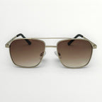 Gold-framed sunglasses with brown gradient lenses on a white background