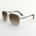 Gold-framed sunglasses with gradient lenses on a white background