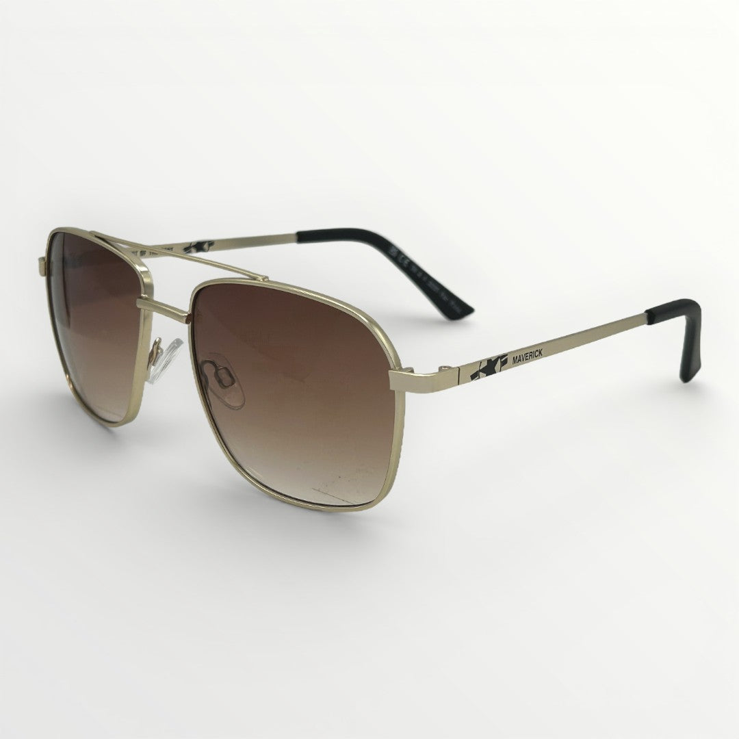 Gold-framed sunglasses with gradient lenses on a white background