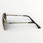 Sunglasses with black and gold frame on a white background